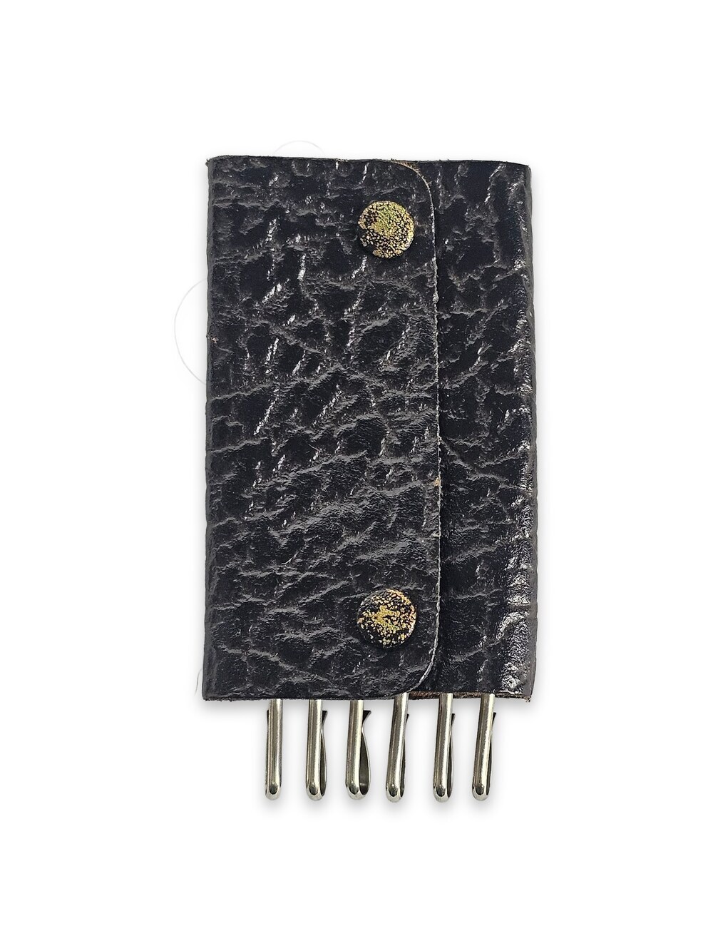 Vintage Black Leather Key Holder Case with Metal Hooks and Snap Closure